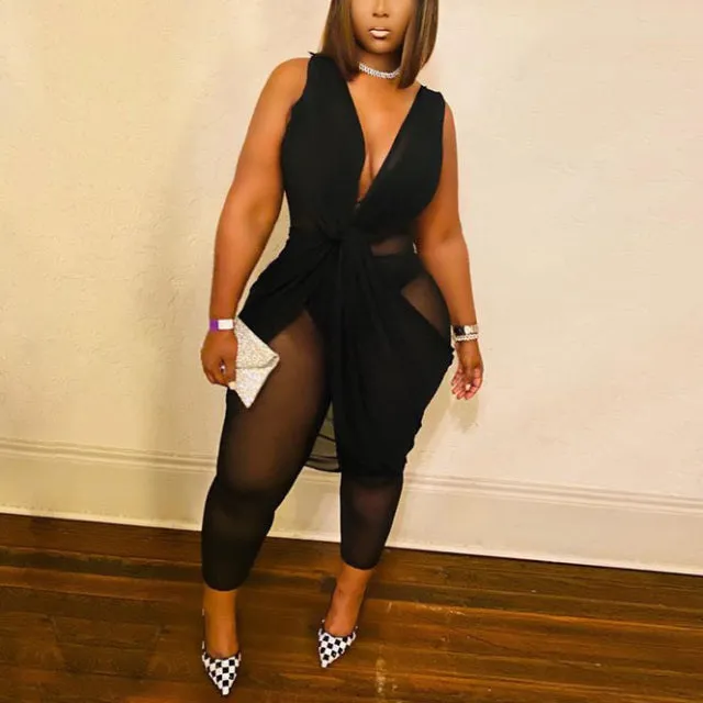 High-end Plus Size Sleeveless V Neck High Waist Jumpsuit