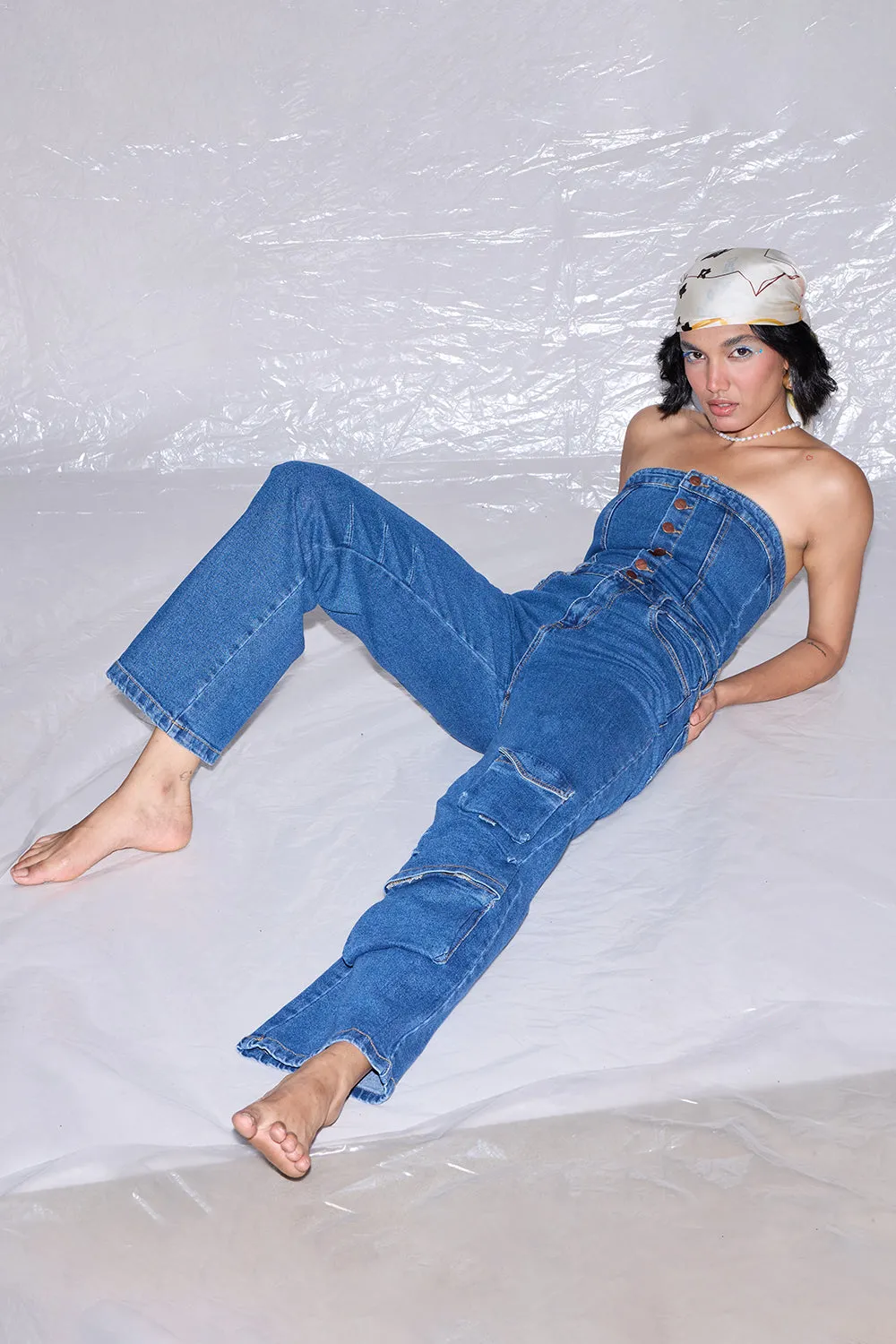 Indigo Denim Corset Cargo Jumpsuit
