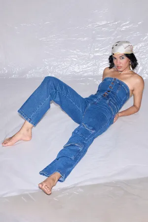 Indigo Denim Corset Cargo Jumpsuit