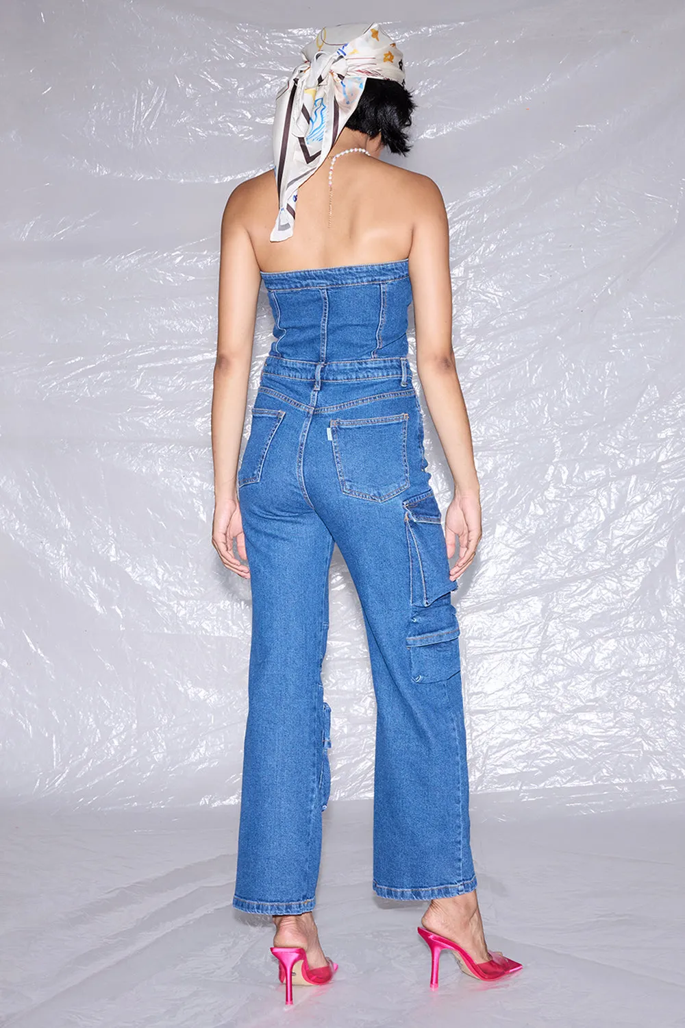 Indigo Denim Corset Cargo Jumpsuit