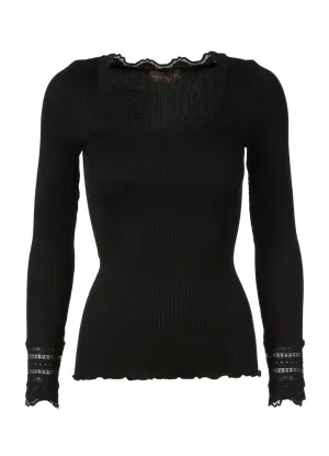 Long Sleeve Silk Lace Cuff Top | Black