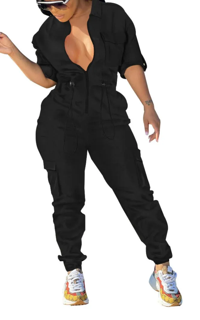 MB FASHION Zipper Front Jumpsuit with Drawstring Waist and Pockets 8389LY