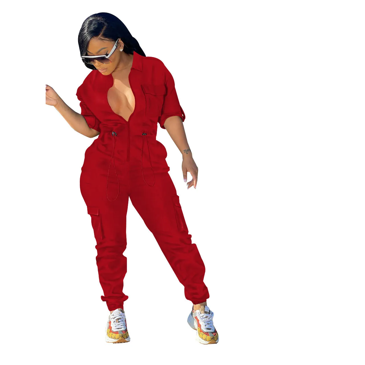 MB FASHION Zipper Front Jumpsuit with Drawstring Waist and Pockets 8389LY