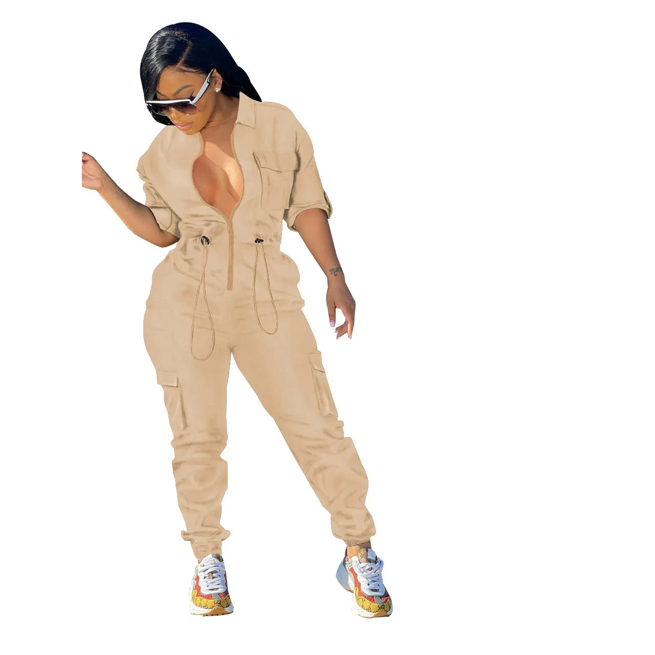 MB FASHION Zipper Front Jumpsuit with Drawstring Waist and Pockets 8389LY