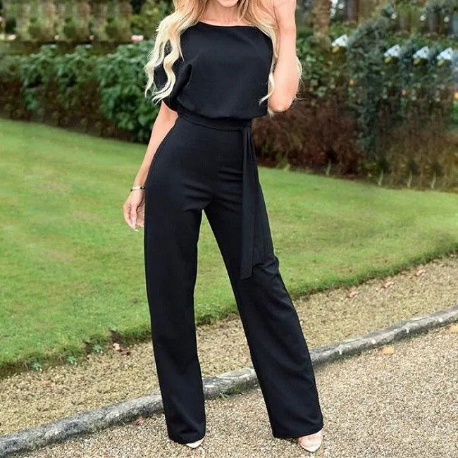 OL Style Elegant Women Jumpsuit O-Neck Short Sleeve Summer Romper