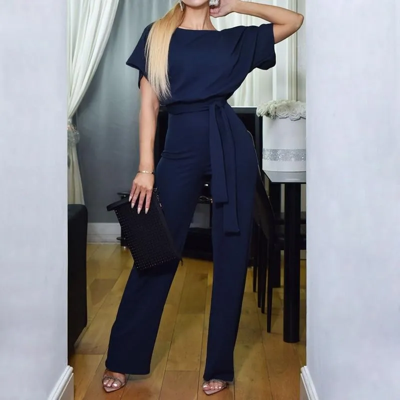 OL Style Elegant Women Jumpsuit O-Neck Short Sleeve Summer Romper