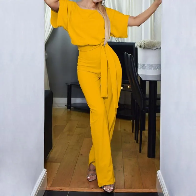 OL Style Elegant Women Jumpsuit O-Neck Short Sleeve Summer Romper
