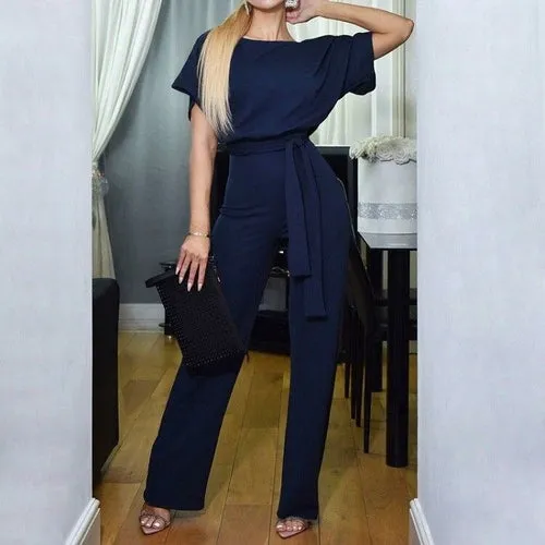 OL Style Elegant Women Jumpsuit O-Neck Short Sleeve Summer Romper