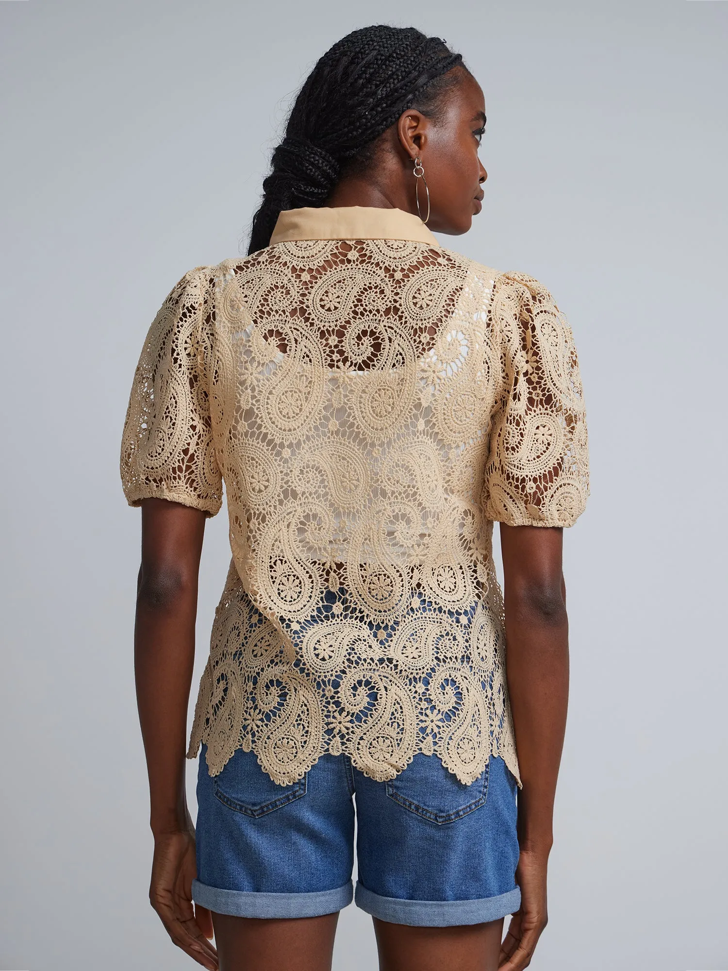 Paisley-Eyelet Button-Front Blouse