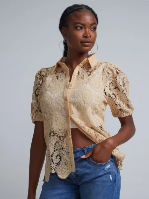 Paisley-Eyelet Button-Front Blouse