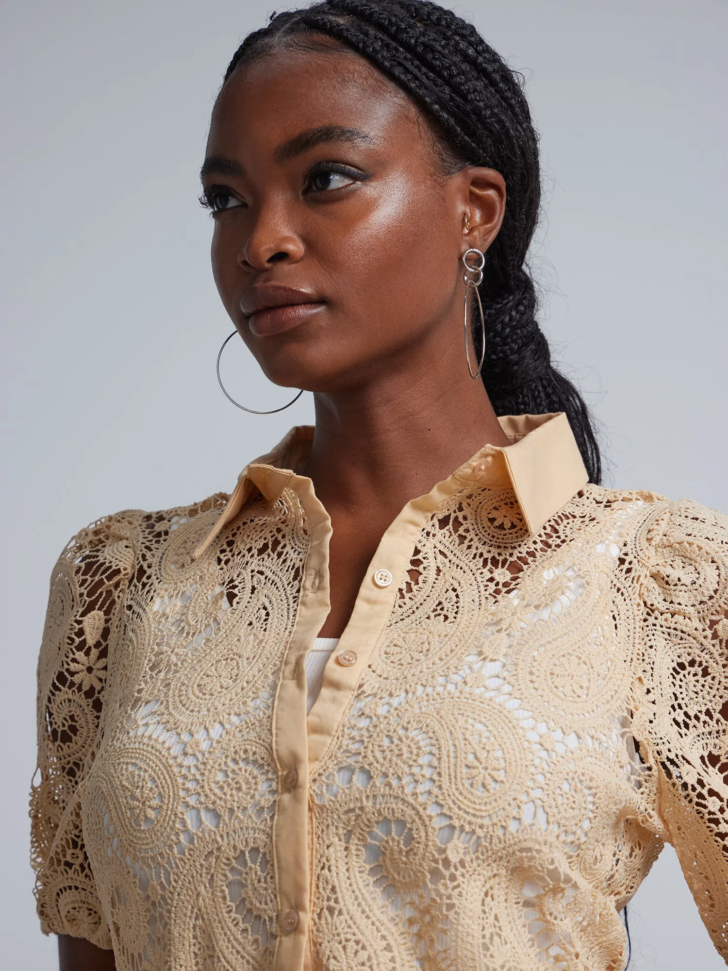 Paisley-Eyelet Button-Front Blouse