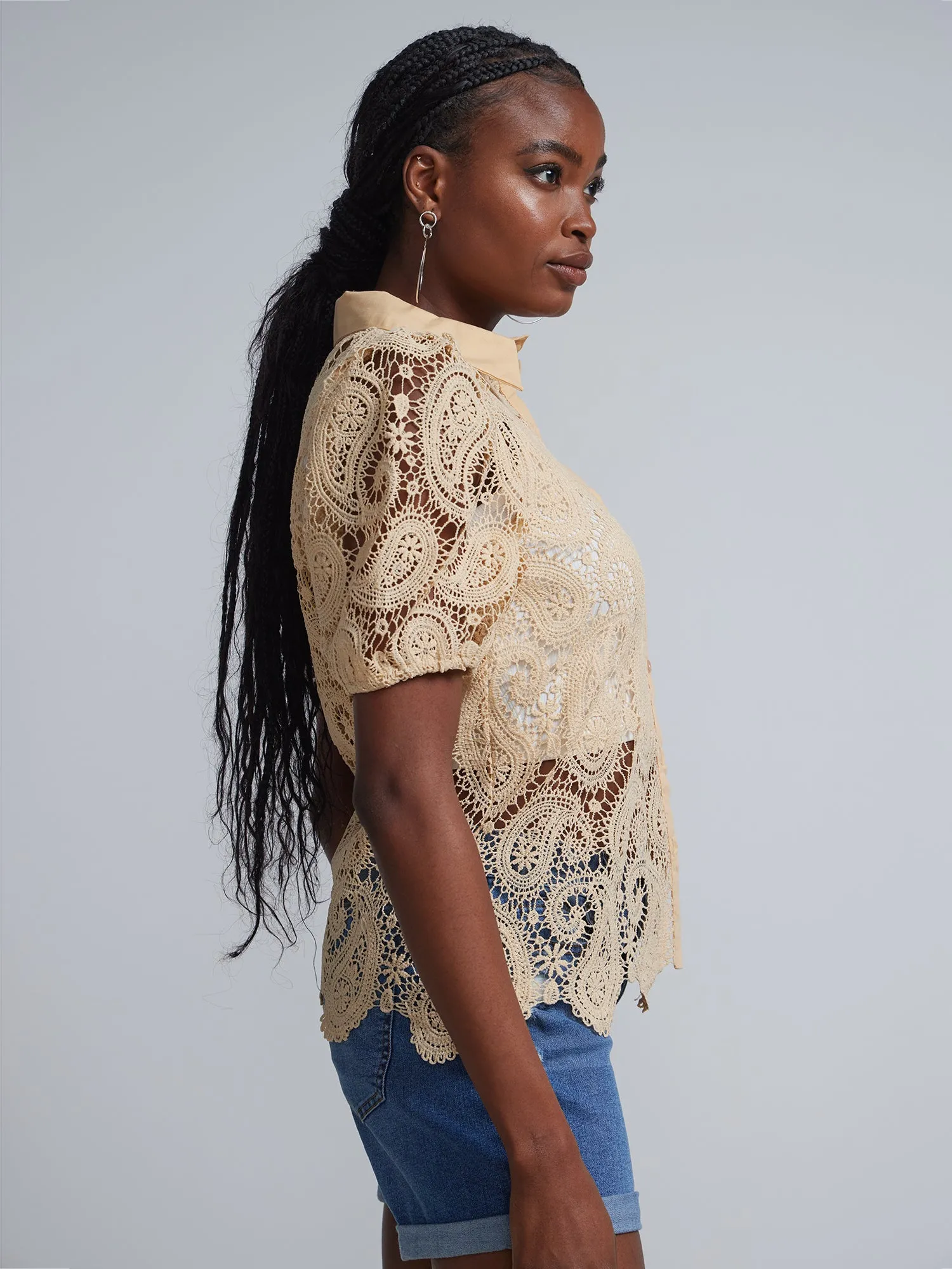 Paisley-Eyelet Button-Front Blouse