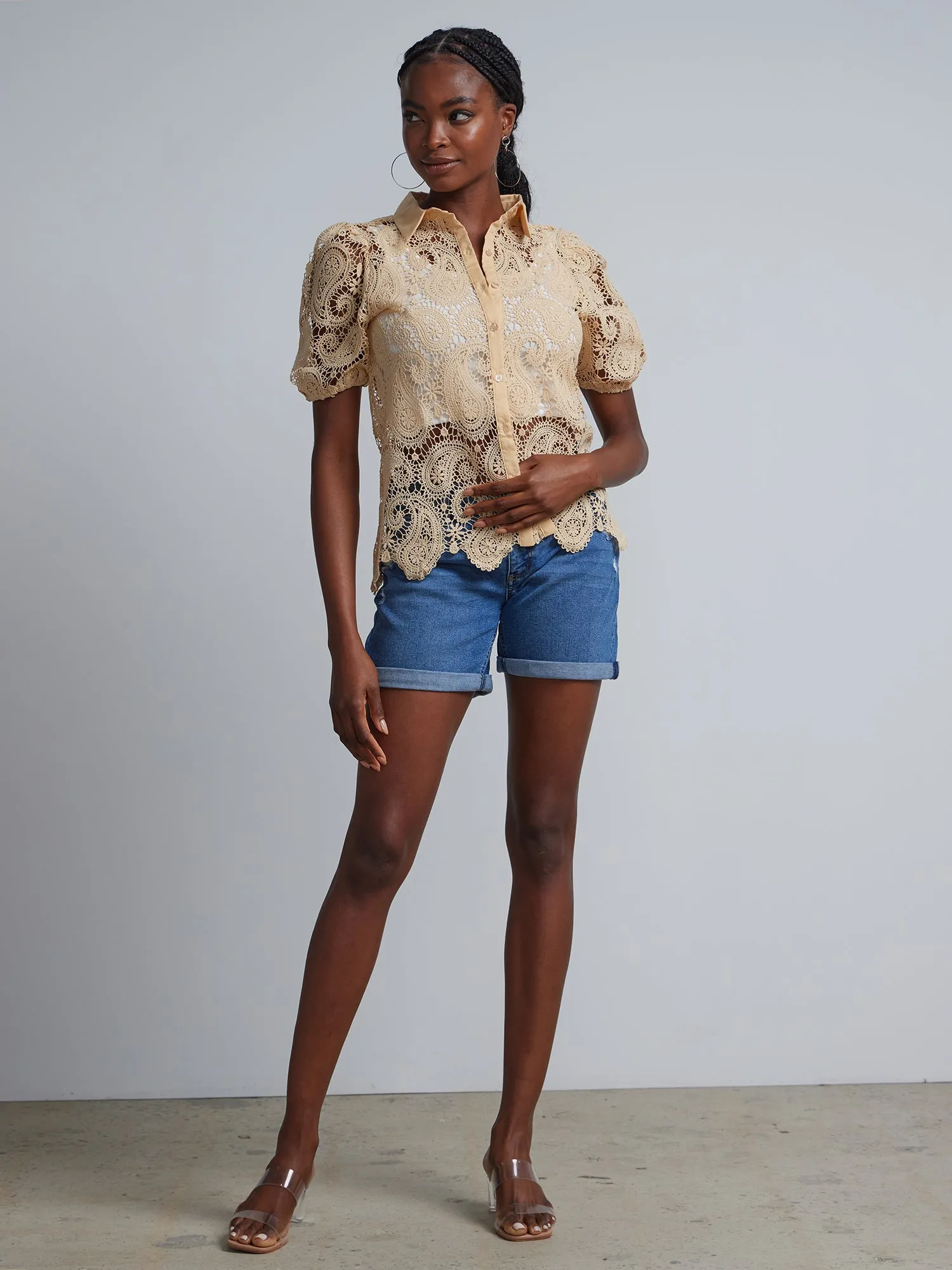 Paisley-Eyelet Button-Front Blouse