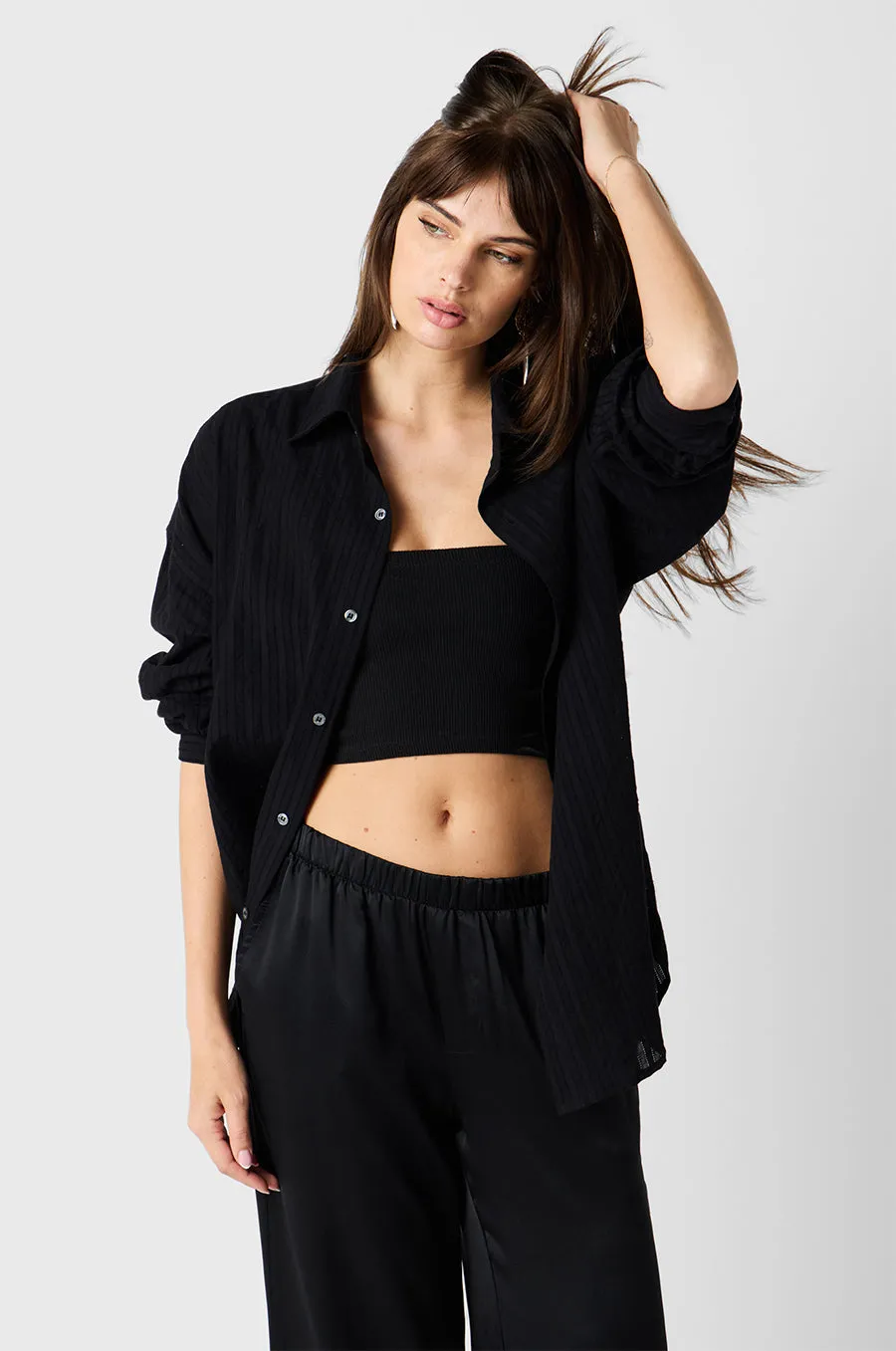 POINTELLE STRIPE SUNDAY SHIRT IN BLACK