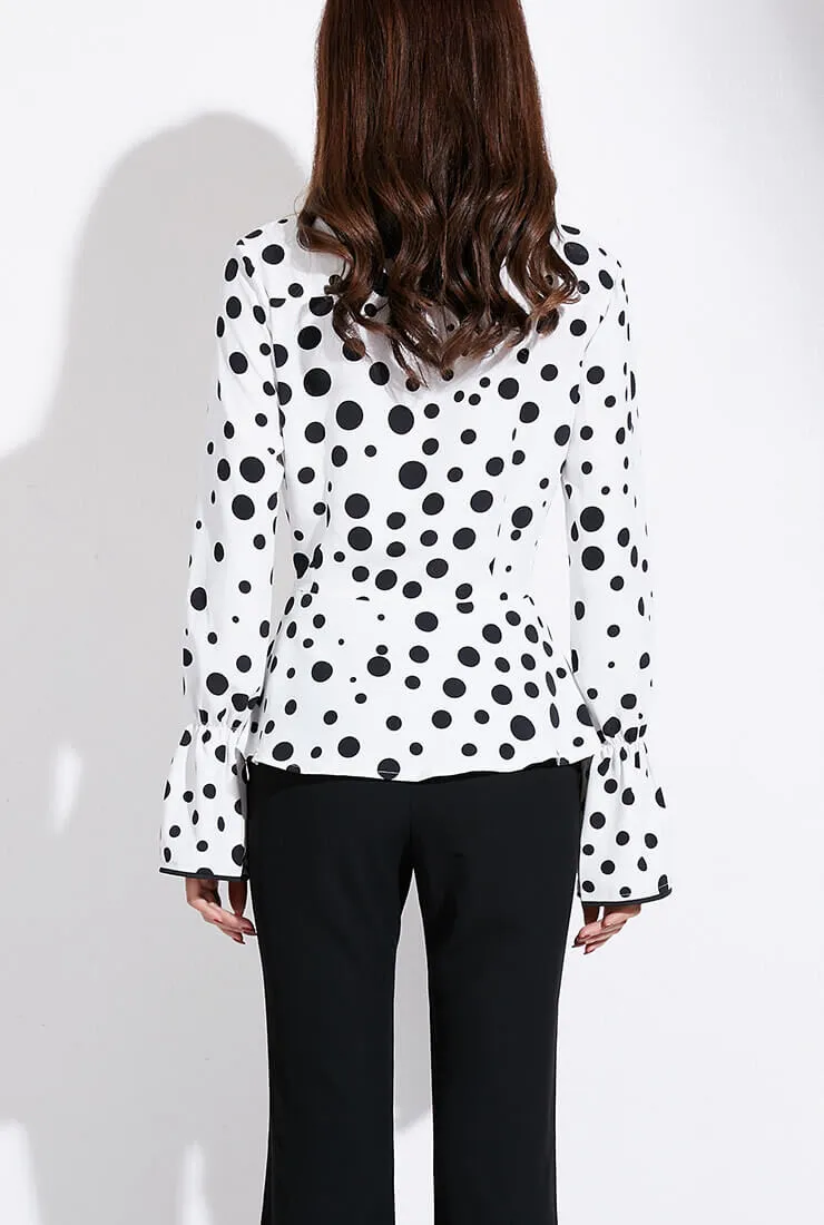 Polka Dot V-Neck Long-Sleeved Wrap Blouse