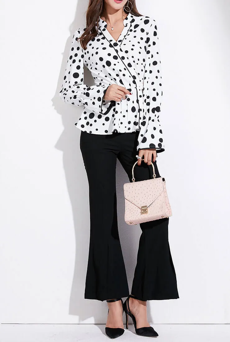 Polka Dot V-Neck Long-Sleeved Wrap Blouse