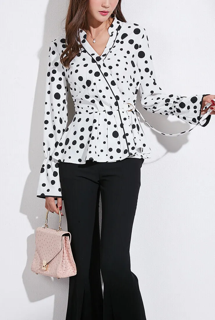 Polka Dot V-Neck Long-Sleeved Wrap Blouse