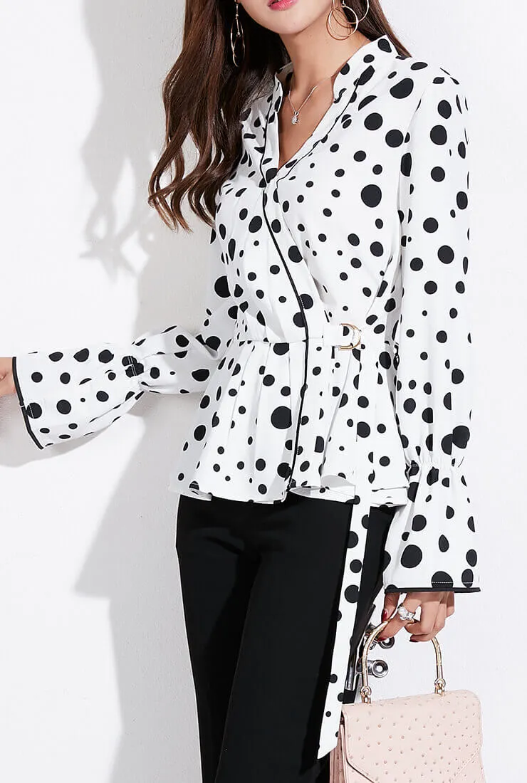 Polka Dot V-Neck Long-Sleeved Wrap Blouse