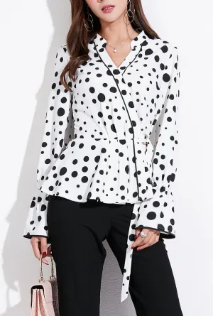 Polka Dot V-Neck Long-Sleeved Wrap Blouse