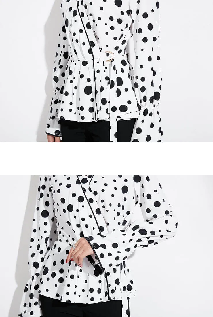 Polka Dot V-Neck Long-Sleeved Wrap Blouse