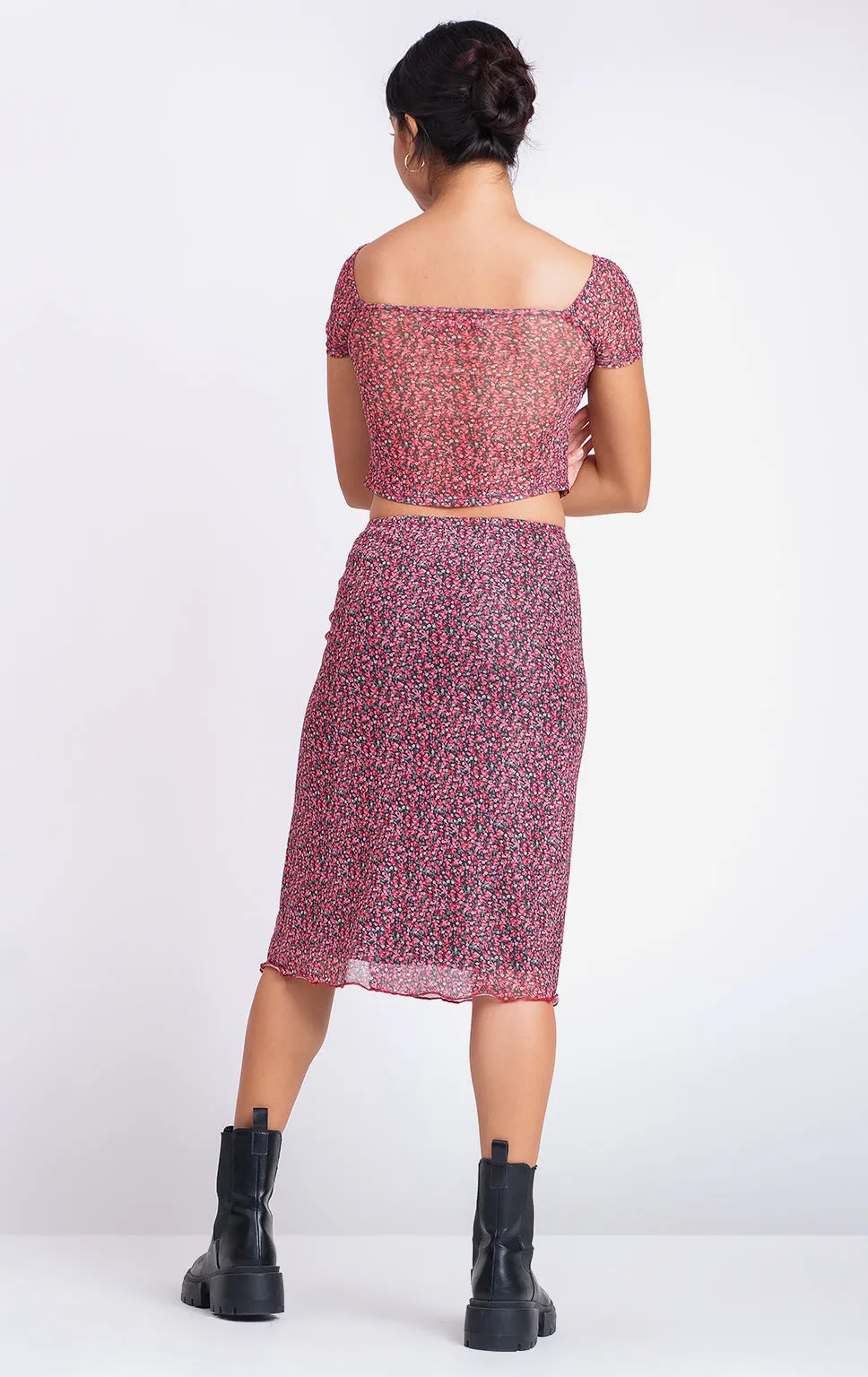 ROMANTIC FLORAL MESH SHIRRED TOP