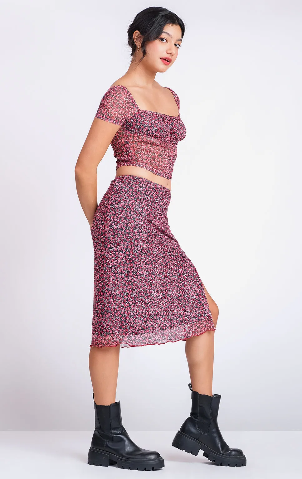 ROMANTIC FLORAL MESH SHIRRED TOP