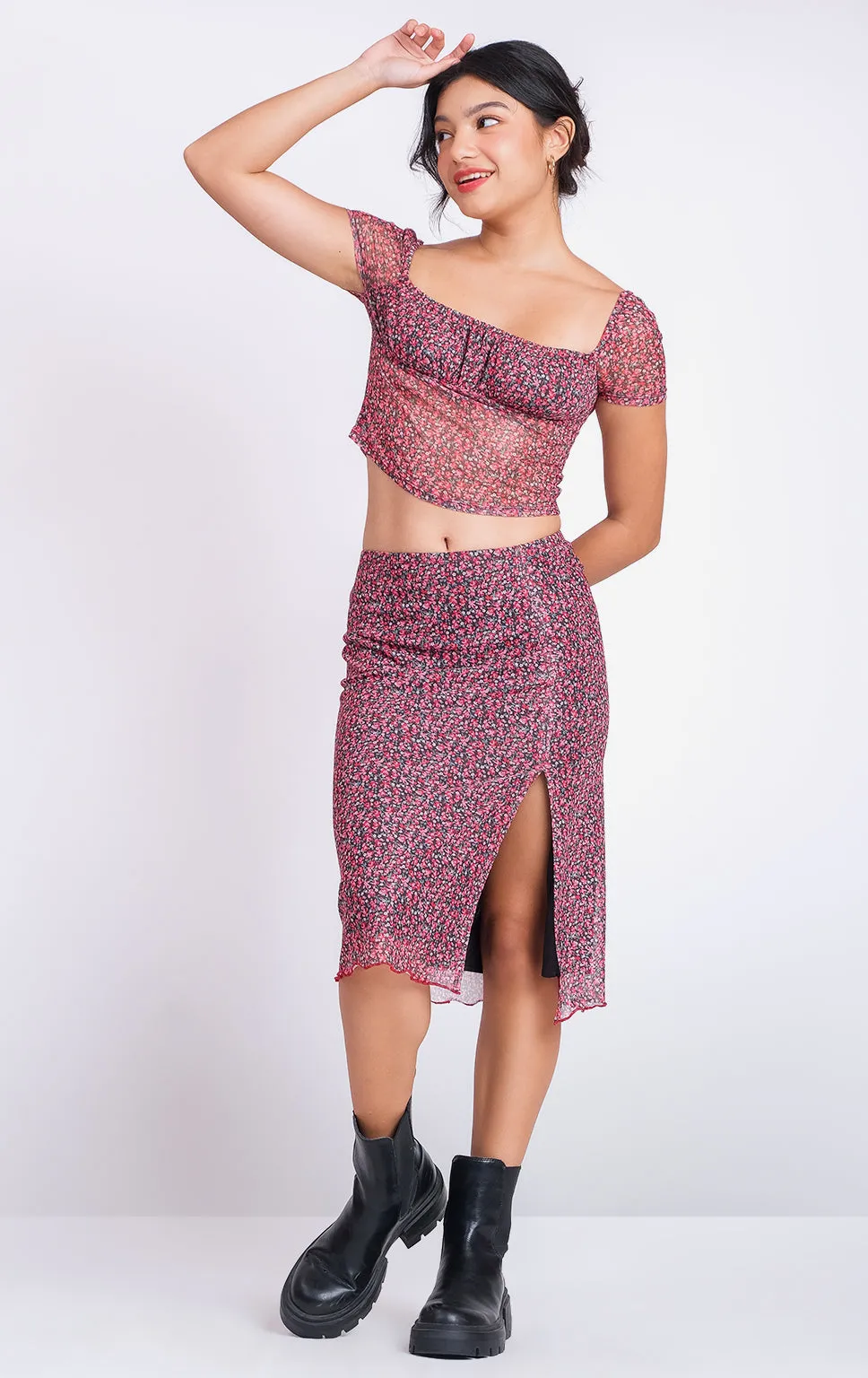 ROMANTIC FLORAL MESH SHIRRED TOP