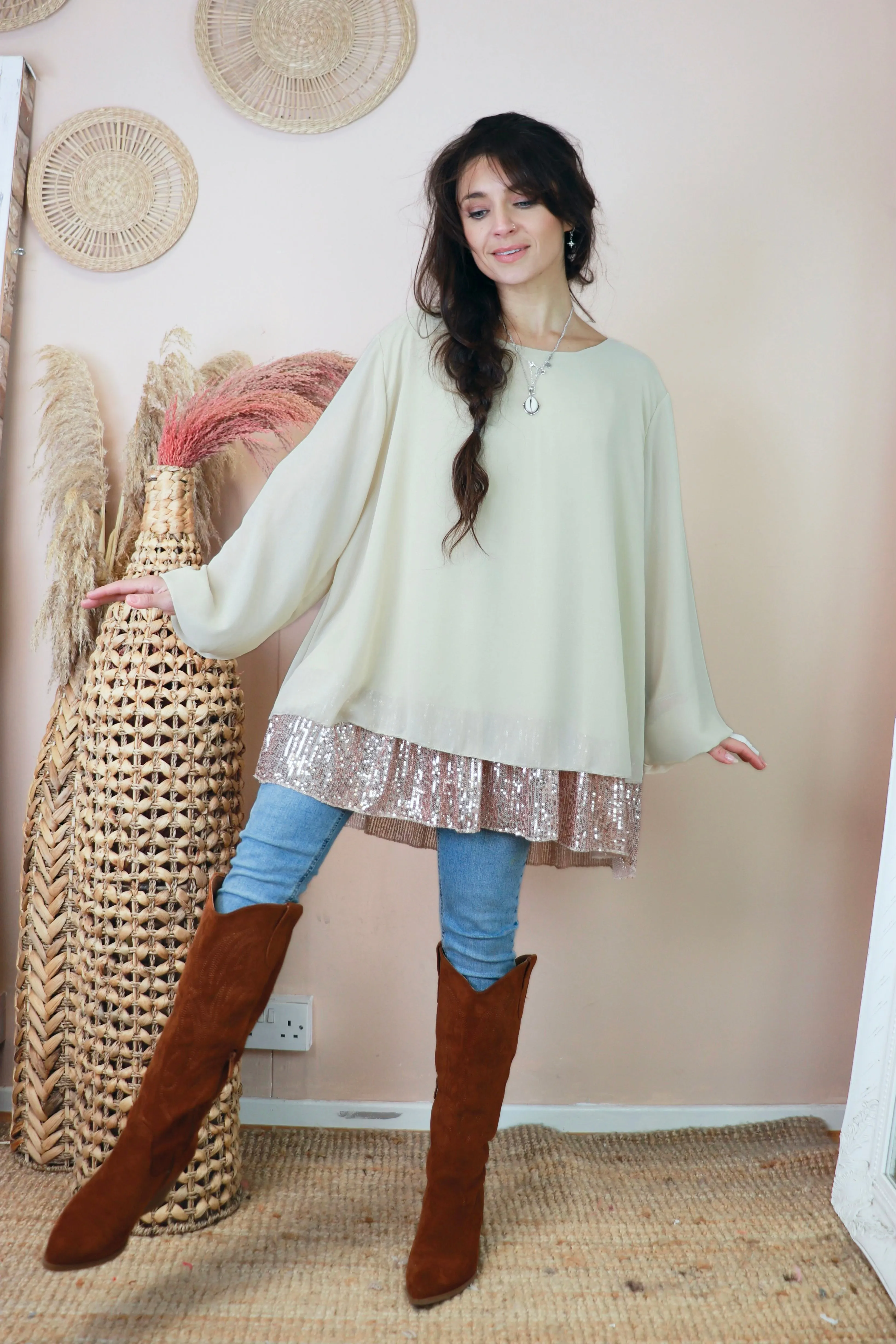 Sequin detail chiffon top