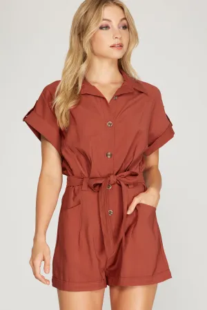 She And Sky Rust Drop Shoulder Woven Twill Romper With Pockets
