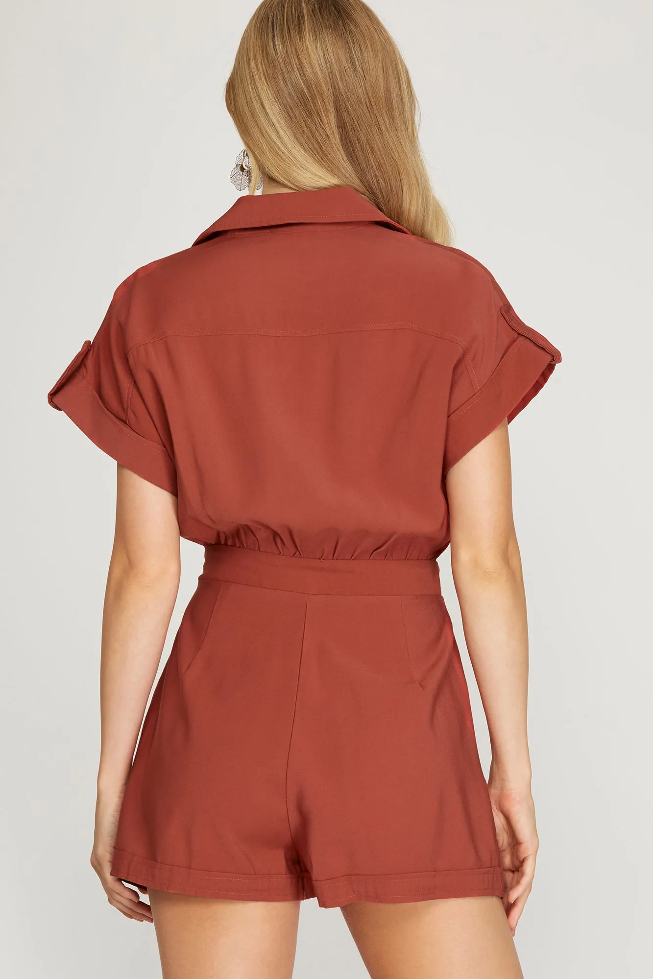 She And Sky Rust Drop Shoulder Woven Twill Romper With Pockets
