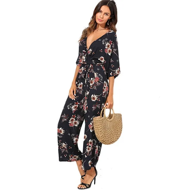 SHEIN Surplice Neck Wide Leg Maxi Floral Jumpsuit Women Deep V Neck Batwing 3/4 Sleeve Belted Rompers 2018 Elegant Jumpsuit