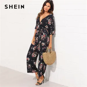 SHEIN Surplice Neck Wide Leg Maxi Floral Jumpsuit Women Deep V Neck Batwing 3/4 Sleeve Belted Rompers 2018 Elegant Jumpsuit