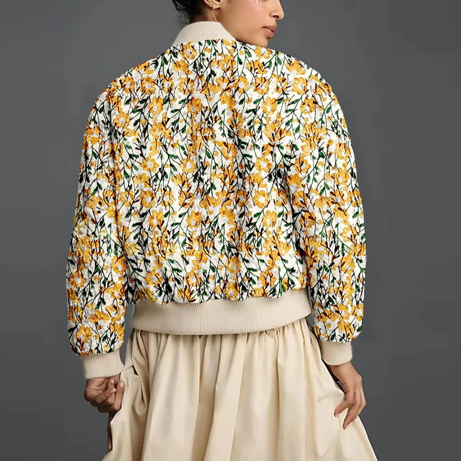 Shiyifa Women's Embroidered Daisy Cropped Bomber Jacket Long Sleeve Zipper Down Cotton Padded Coat Outerwear