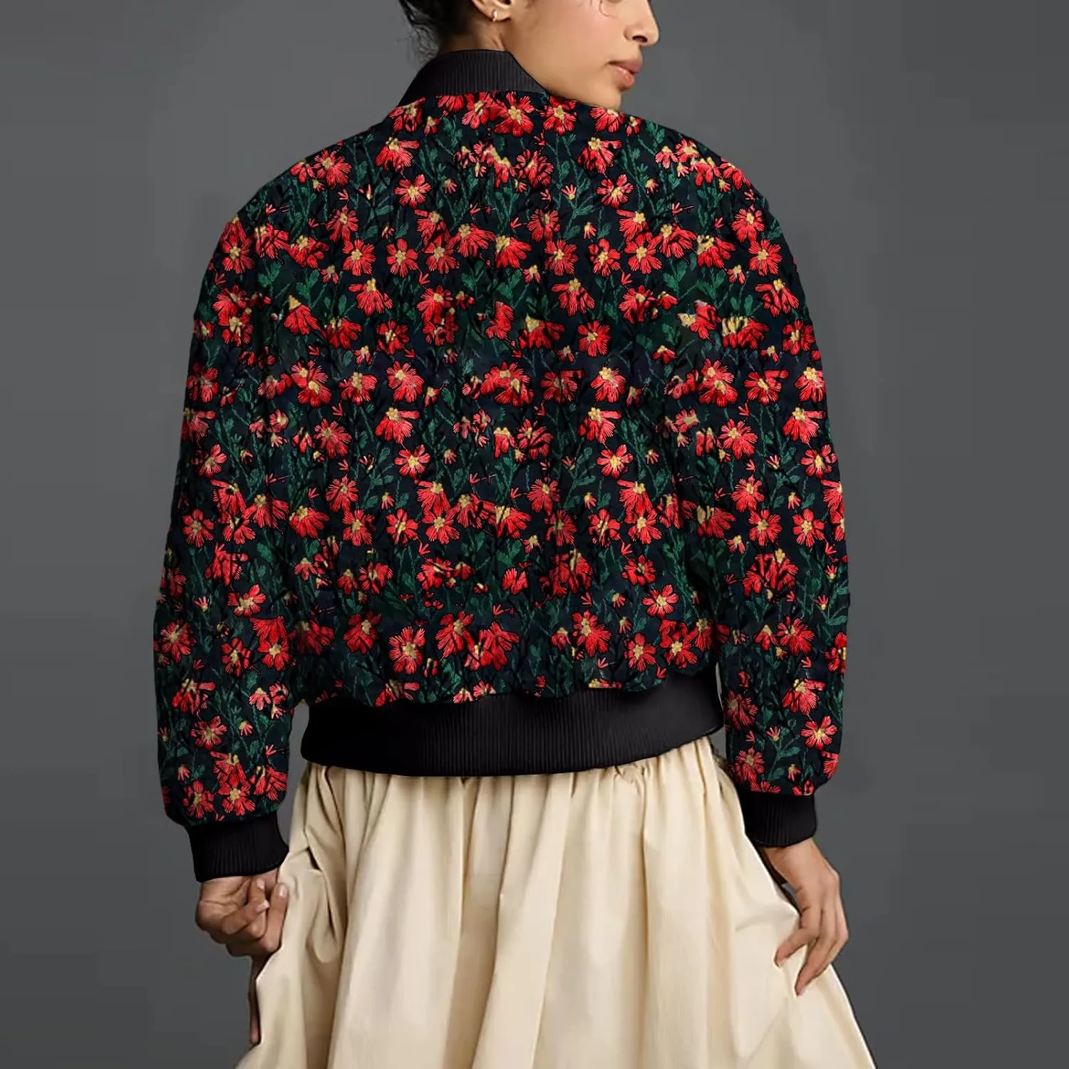 Shiyifa Women's Embroidered Daisy Cropped Bomber Jacket Long Sleeve Zipper Down Cotton Padded Coat Outerwear
