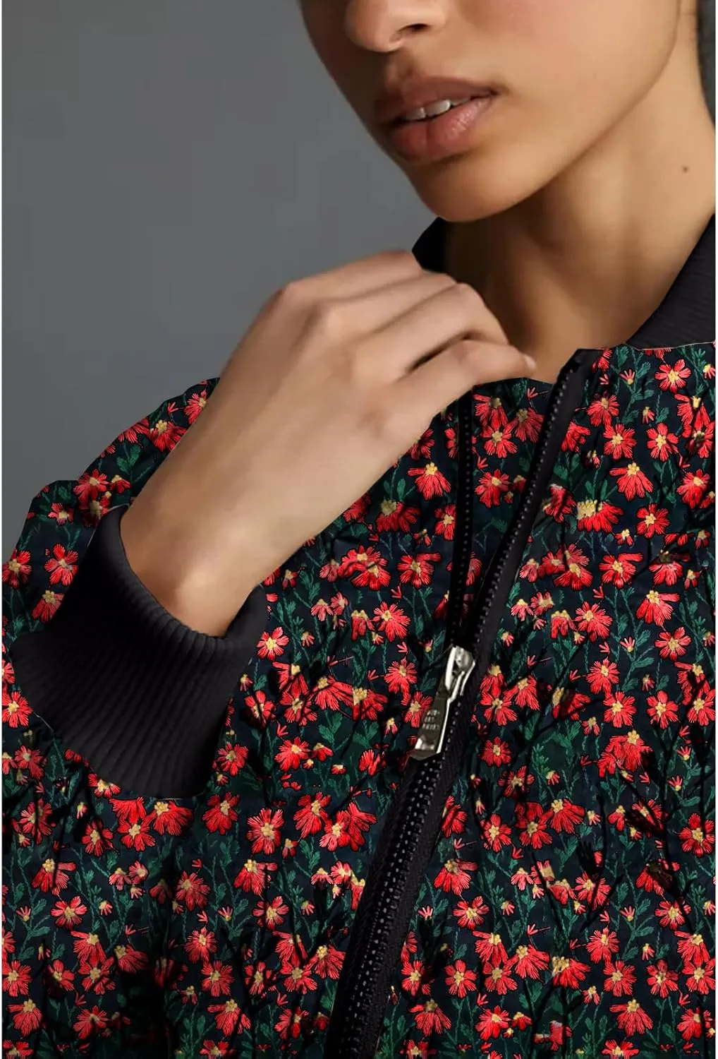 Shiyifa Women's Embroidered Daisy Cropped Bomber Jacket Long Sleeve Zipper Down Cotton Padded Coat Outerwear