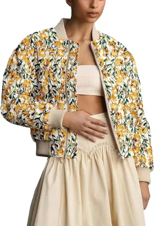 Shiyifa Women's Embroidered Daisy Cropped Bomber Jacket Long Sleeve Zipper Down Cotton Padded Coat Outerwear
