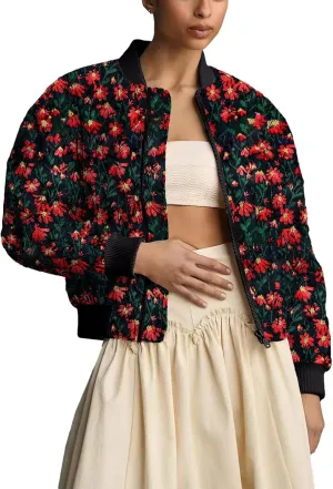 Shiyifa Women's Embroidered Daisy Cropped Bomber Jacket Long Sleeve Zipper Down Cotton Padded Coat Outerwear