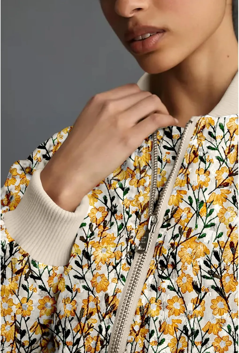 Shiyifa Women's Embroidered Daisy Cropped Bomber Jacket Long Sleeve Zipper Down Cotton Padded Coat Outerwear