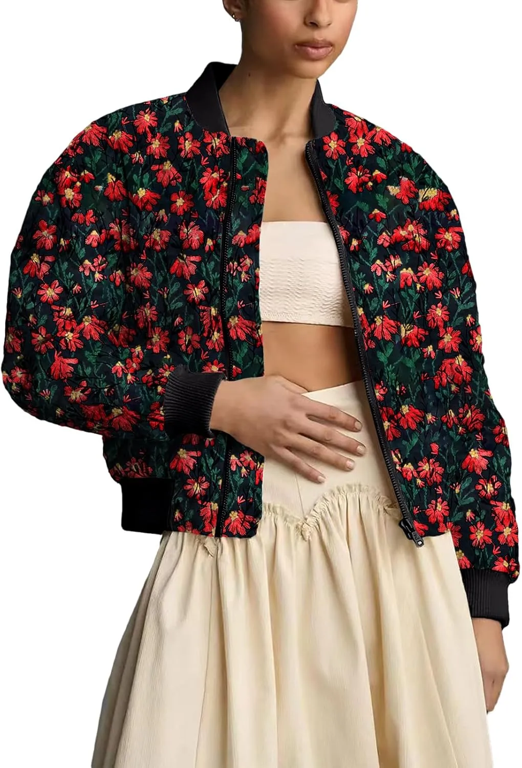 Shiyifa Women's Embroidered Daisy Cropped Bomber Jacket Long Sleeve Zipper Down Cotton Padded Coat Outerwear