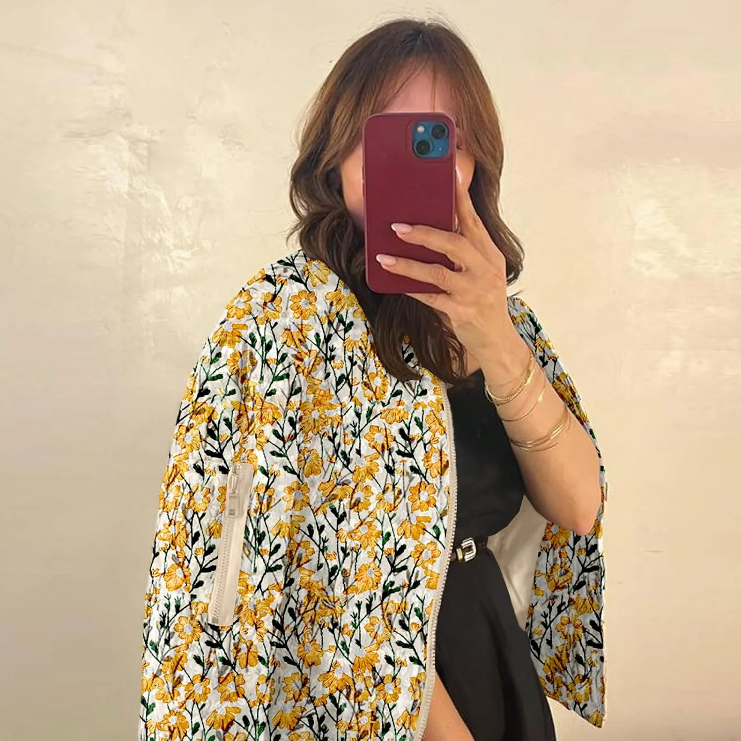 Shiyifa Women's Embroidered Daisy Cropped Bomber Jacket Long Sleeve Zipper Down Cotton Padded Coat Outerwear