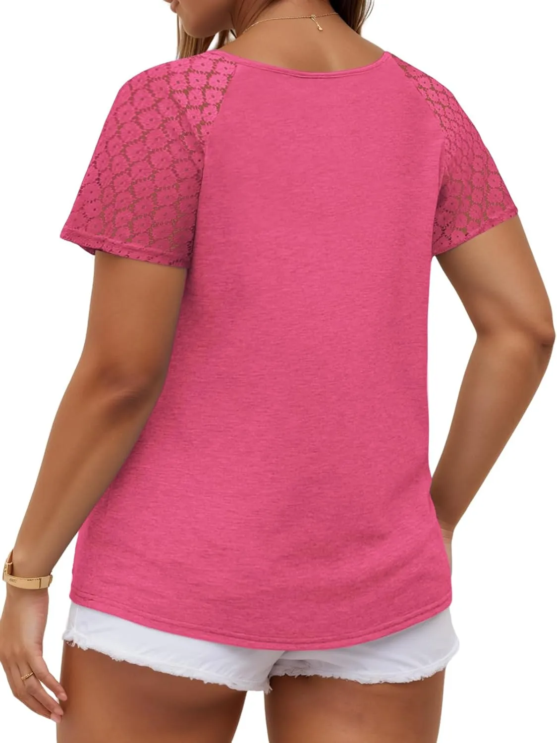 VISLILY Plus-Size-Womens-Summer-Tops Casual V-Neck T Shirts Raglan Lace Dotted Short Sleeve Tunics Cute Trendy Blouses XL-5XL