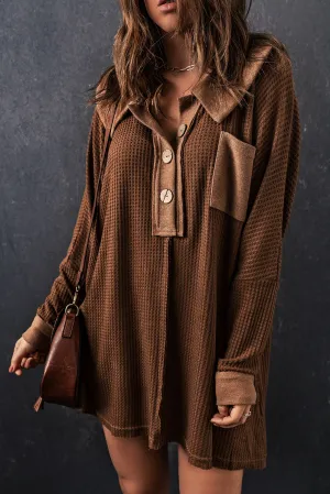 Waffle Knit Buttoned Long Sleeve Top with Breast Pocket