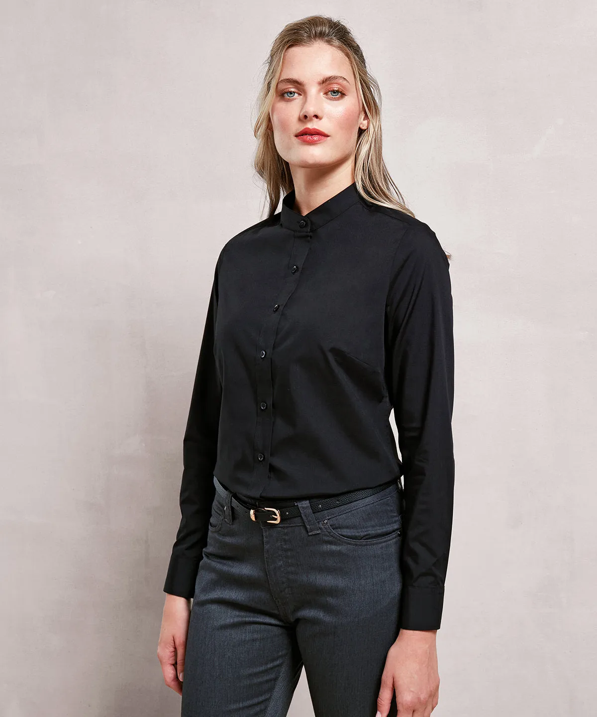 White - Women's banded collar 'grandad' shirt