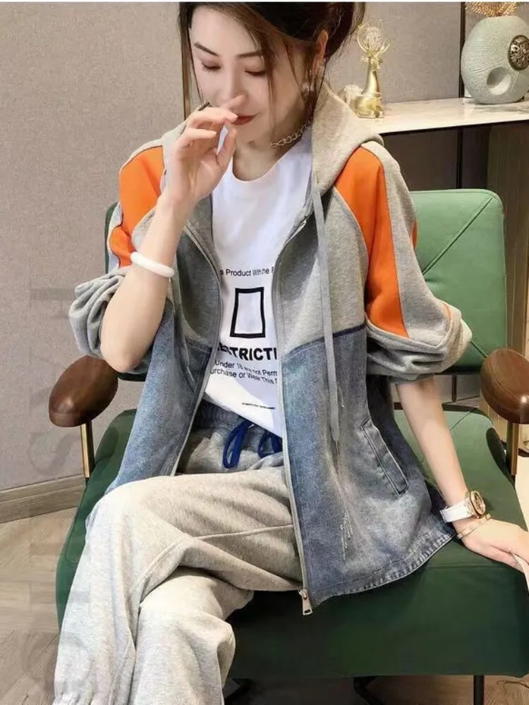 Women's Coat 2023 Spring Autumn New Korean Fashion Color Block Denim Jacket Women Casual Loose Fitting Hooded Top Streetwear