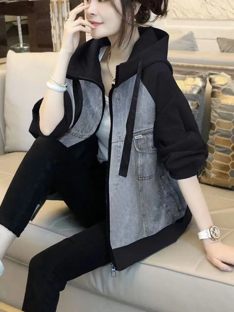 Women's Coat 2023 Spring Autumn New Korean Fashion Color Block Denim Jacket Women Casual Loose Fitting Hooded Top Streetwear