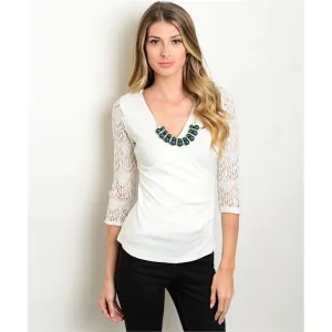 Women's Lace Blouse Long Sleeve With Necklace